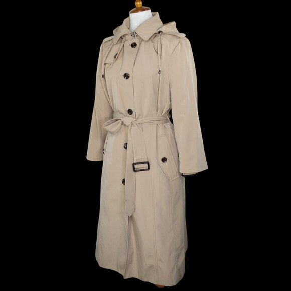 London Fog Maxi Trench Coat Size Large Hooded Belt Removable Liner Khaki - Picture 12 of 16